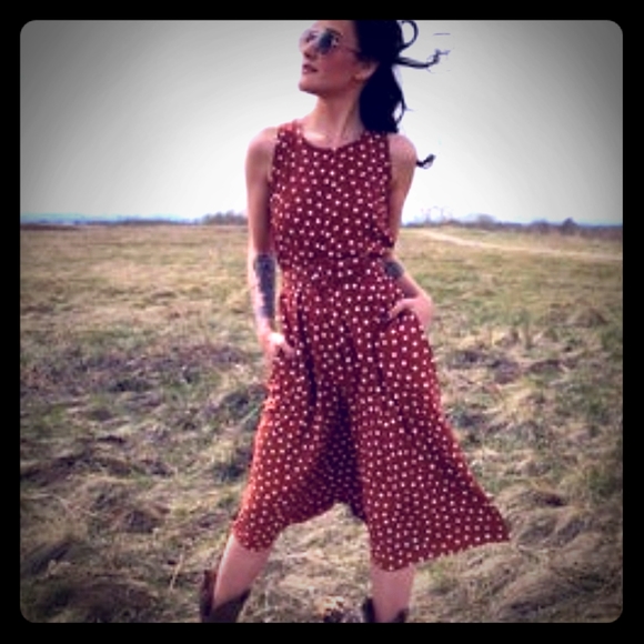 Vintage Dresses & Skirts - Vintage brown and white polka belted dress